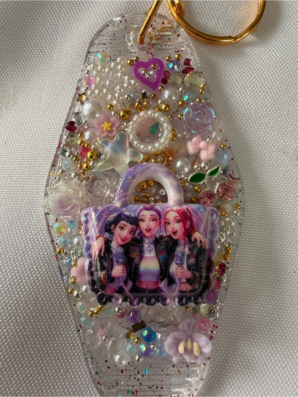 K Pop Glitter Keychain with Trio Graphic - Clear, Pink, Gold Accents